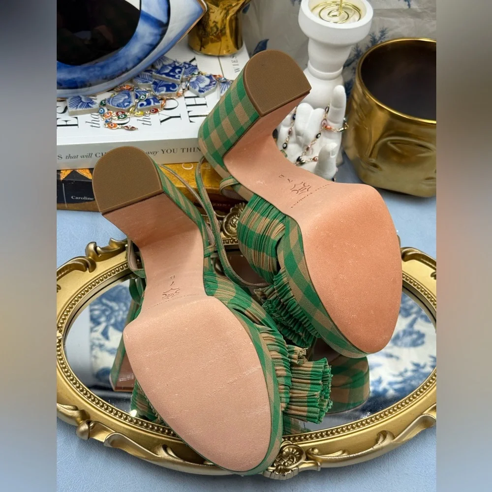 🆕 LOEFFLER RANDALL 🧿 NWOB Natalia Pleated Bow Platform Sandal, Plaid Green Sz7